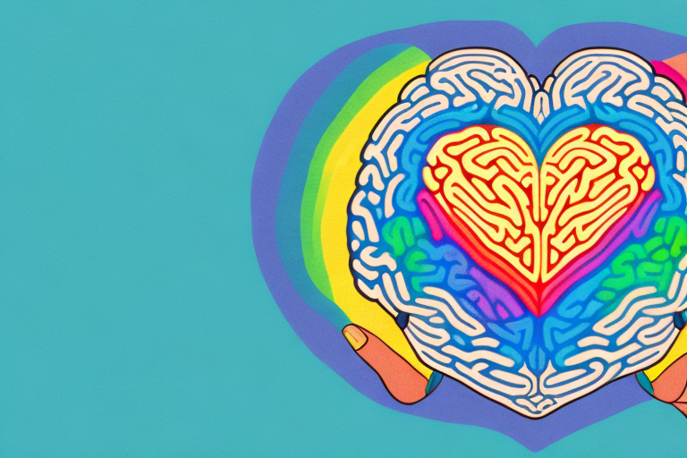 A rainbow-colored brain with a heart in the center
