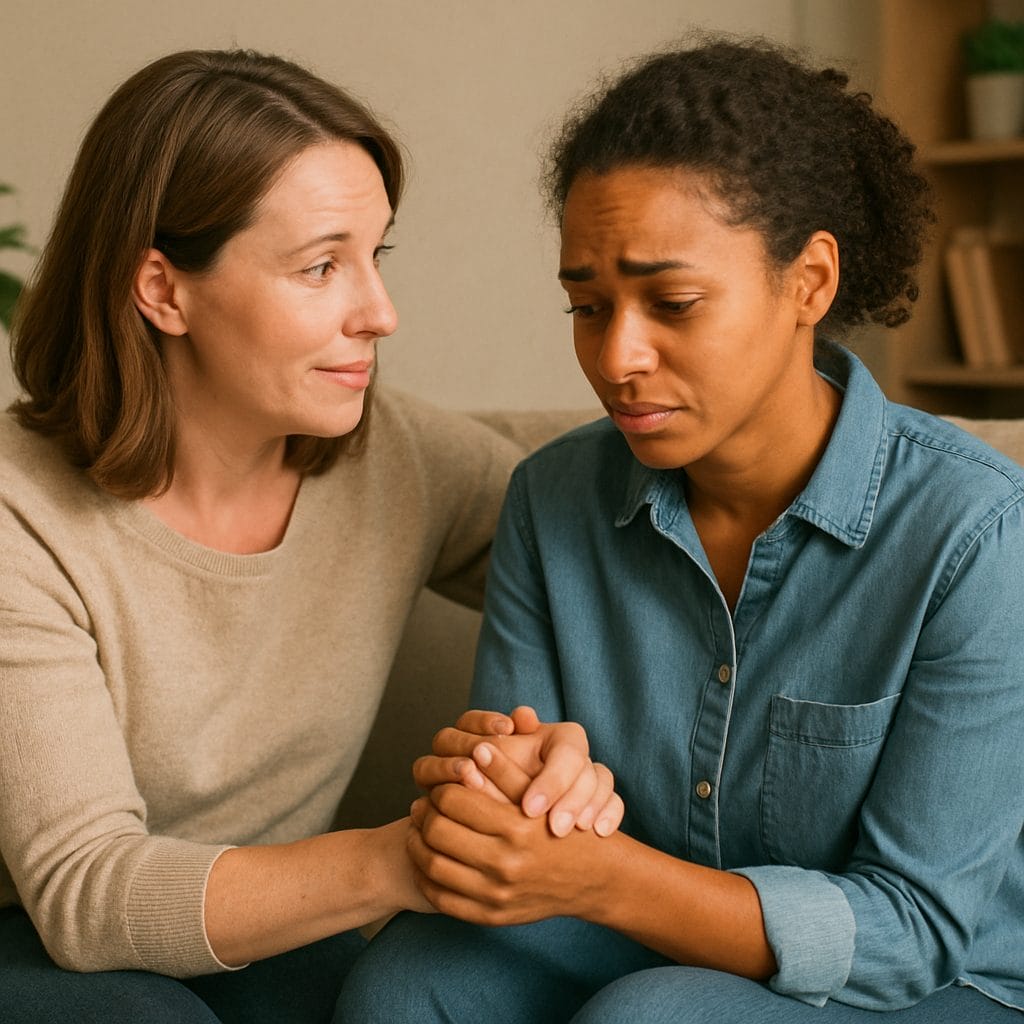 Two people engaged in a compassionate and supportive conversation